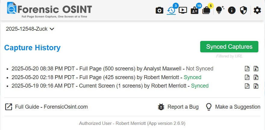 Click to view larger image Forensic OSINT Capture History List