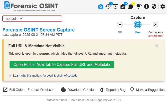 Facebook popup warning in Forensic OSINT