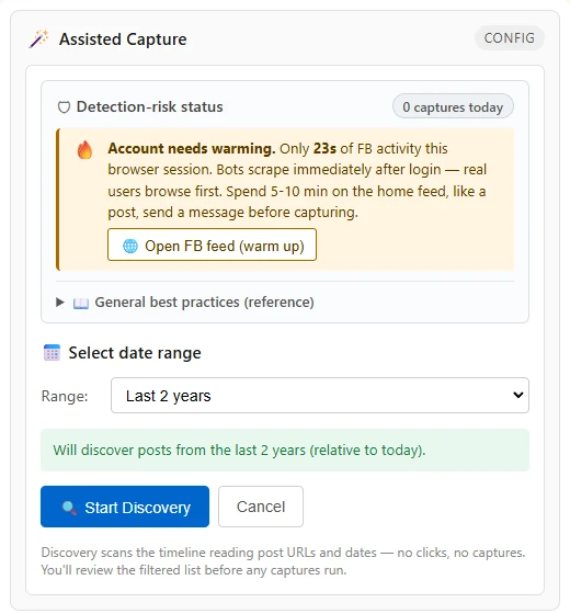 The Assisted Capture detection-risk panel before a Facebook run: a counter reading 0 captures today, and a warning that the account needs warming because there has been only 23 seconds of Facebook activity this browser session, advising 5 to 10 minutes on the home feed first, with an Open FB feed warm-up button. Below it, a date-range selector set to Last 2 years and a Start Discovery button.