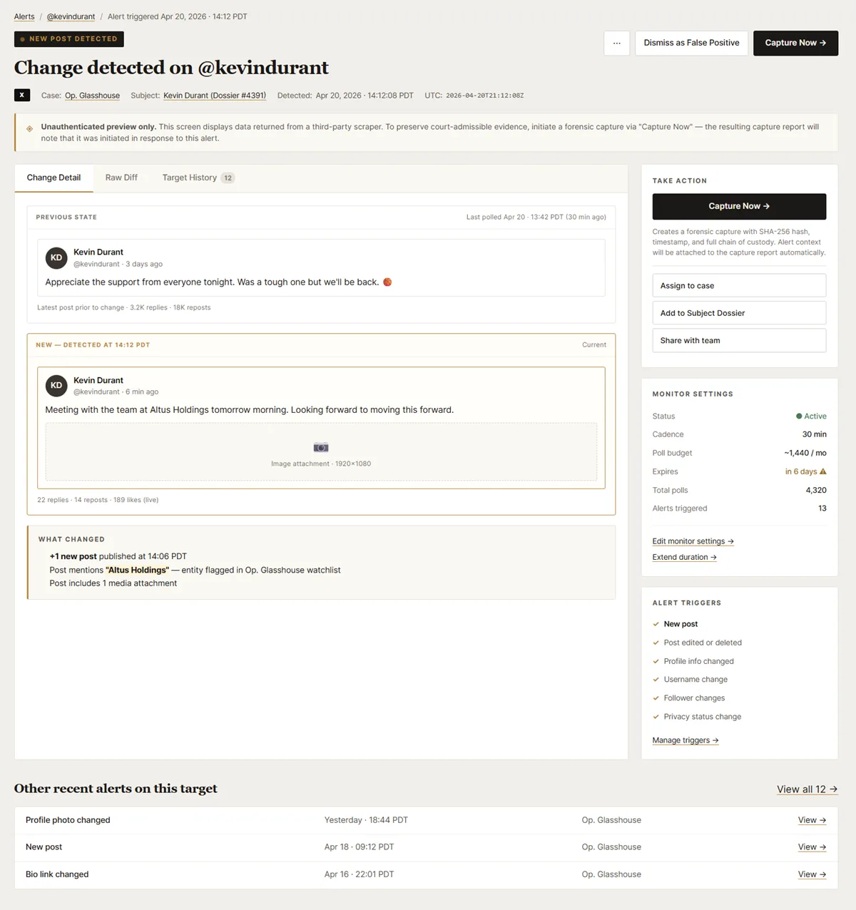 Alert detail view showing detected change on a monitored social media account