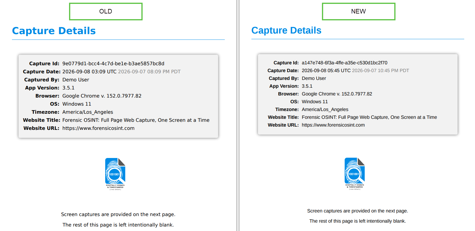 Click to view larger image Side-by-side comparison of an older Forensic OSINT Capture Details page and a newer one. The older report has a left-aligned metadata box. The newer report uses a slightly updated layout for the same Capture Id, date, browser, OS, timezone, website title, and website URL fields.