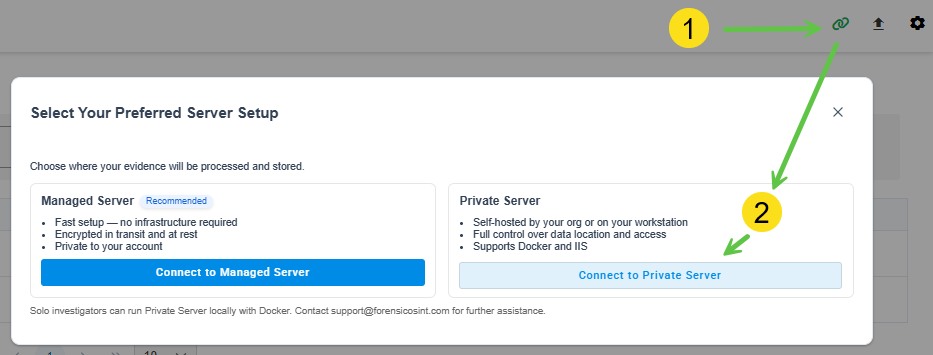 Click to view larger image Step 1: Open server setup. Click the Link icon, choose Private Server, then Connect to Private Server.