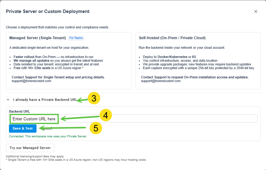 Click to view larger image Step 2: Expand the Private Backend URL section, enter your Backend URL, then Save & Test.