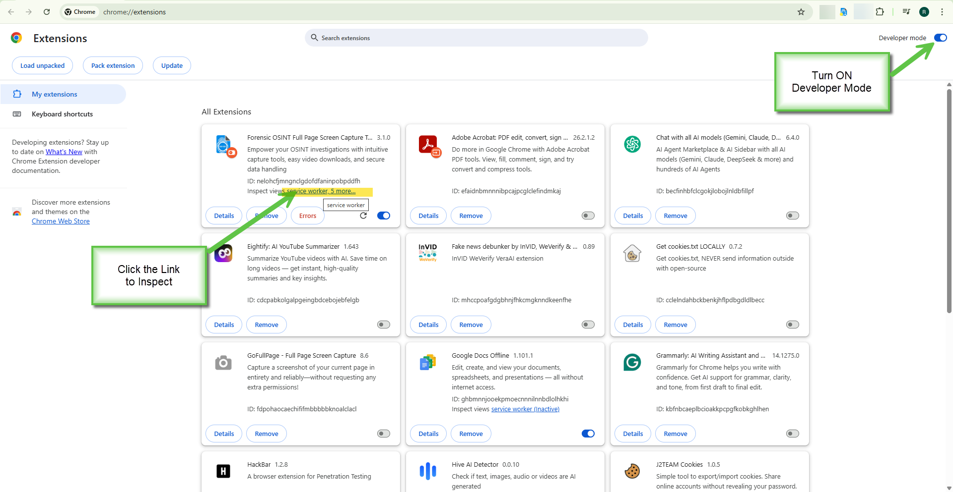 Click to view larger image Chrome extensions page with Developer mode enabled and the service worker inspect link highlighted