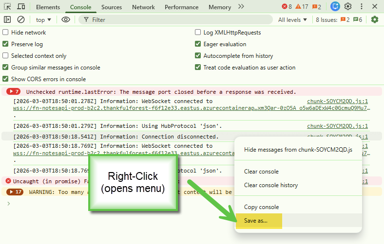 Click to view larger image Right-click context menu in Console with Save as option highlighted