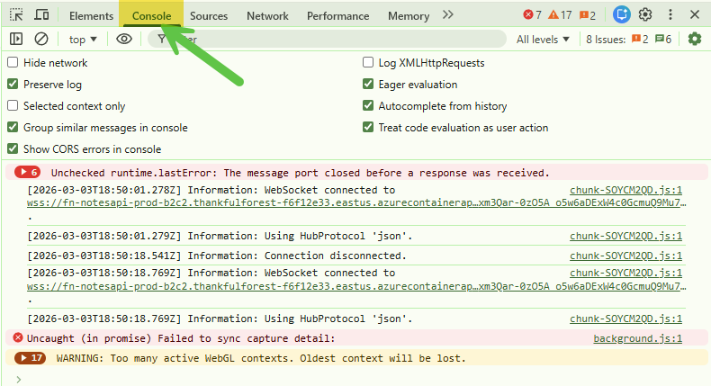 Click to view larger image Console tab in Developer Tools showing error and warning messages