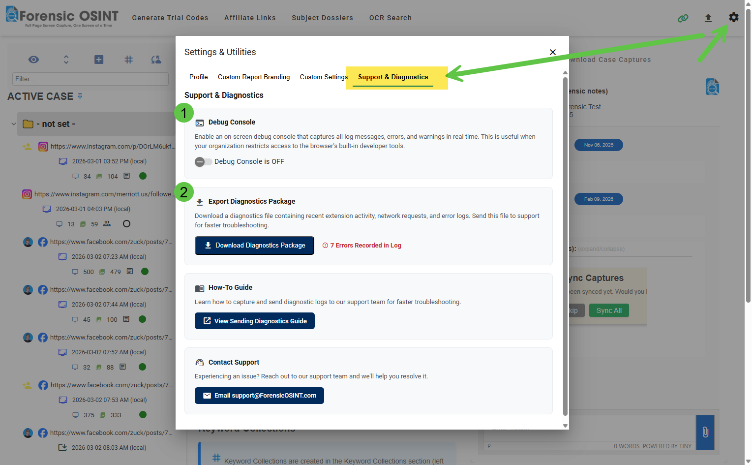 Click to view larger image Settings and Utilities panel showing the Support and Diagnostics tab with Debug Console and Export Diagnostics Package features