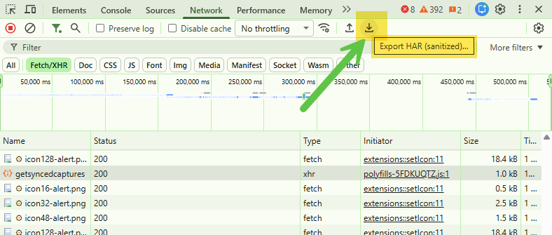 Click to view larger image Network tab with the Export HAR button highlighted in the toolbar