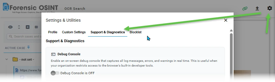Extension header with an arrow pointing to the gear icon in the top-right corner, and the Settings and Utilities dialog open with an arrow pointing to the Support and Diagnostics tab