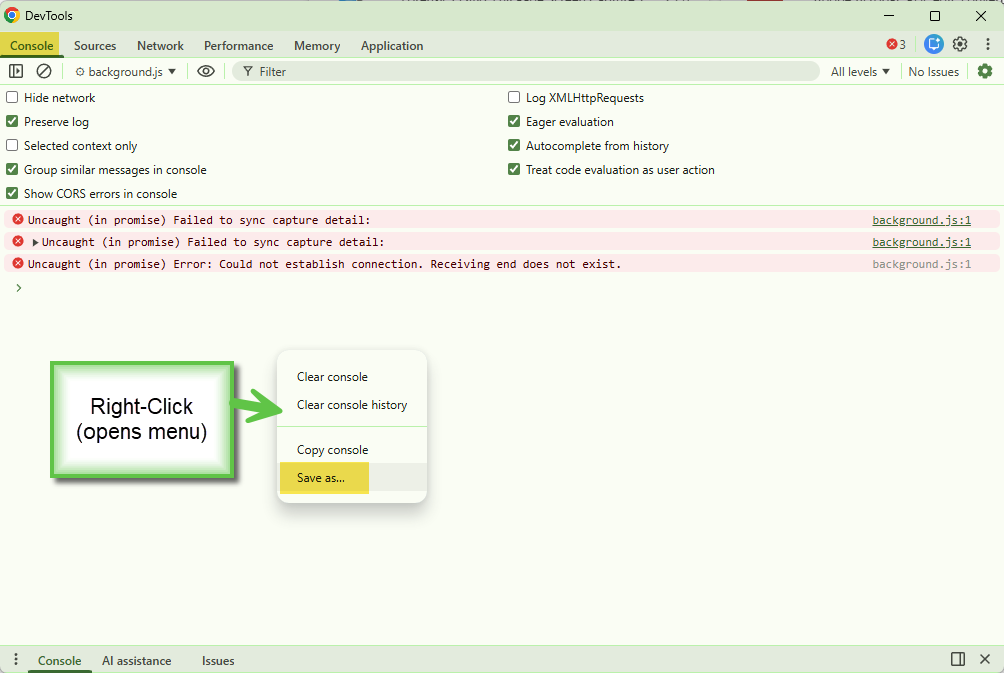 Click to view larger image Service worker console showing error messages with Save as option in right-click menu