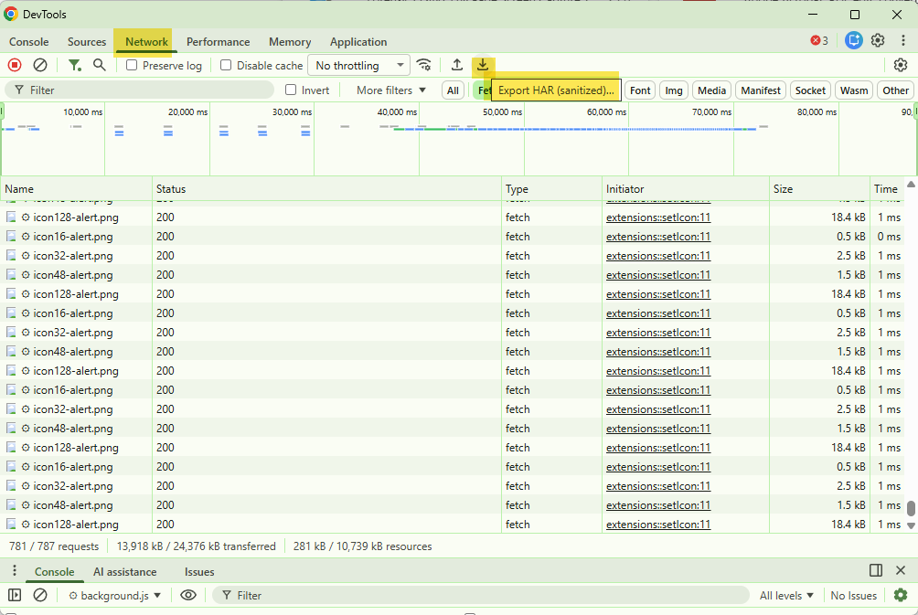 Click to view larger image Service worker Network tab with the Export HAR button highlighted
