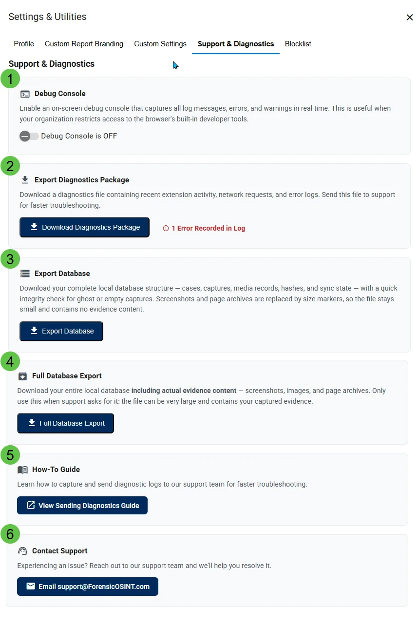 Settings and Utilities panel showing the Support and Diagnostics tab with Debug Console, Export Diagnostics Package, Export Database, Full Database Export, How-To Guide, and Contact Support