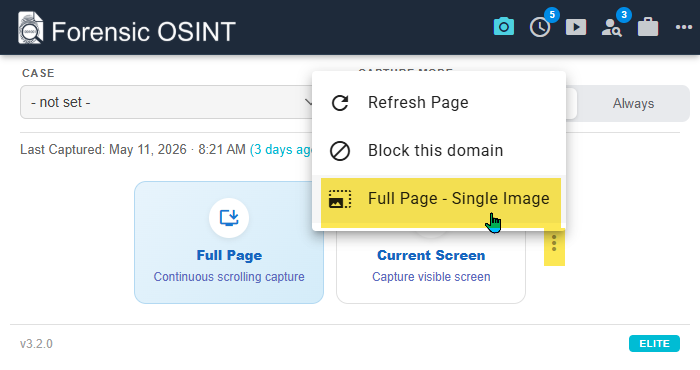 Click to view larger image Single Image Full Page Screen Capture option in the Forensic OSINT extension