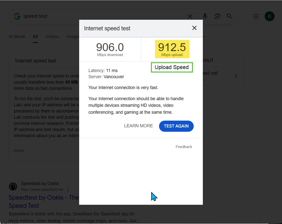 Click to view larger image Speed test showing normal upload: Download ~906 Mbps, Upload 912.5 Mbps
