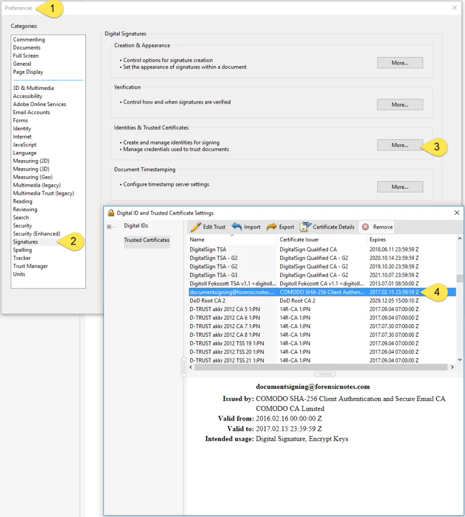 Location of trusted certificates in Adobe Signature preferences