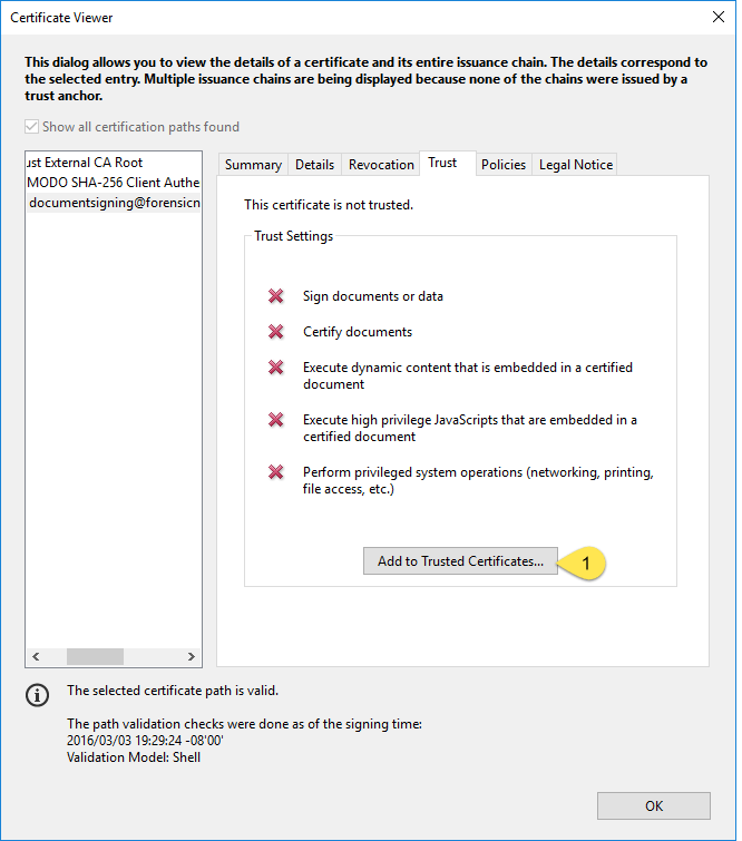 Adobe Certificate Viewer Trust tab with Add to Trusted Certificates button