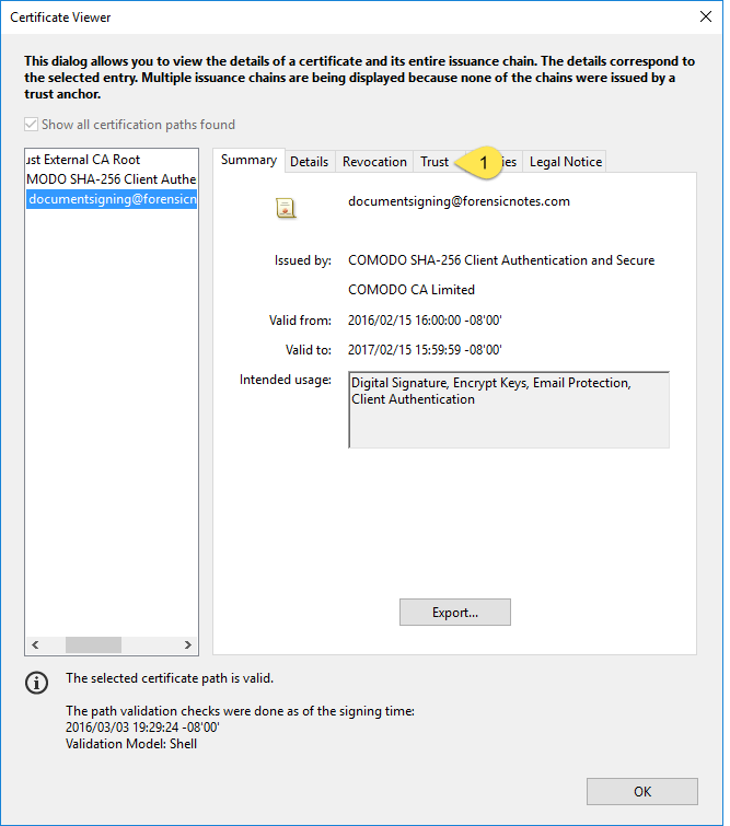Adobe Certificate Viewer Summary tab
