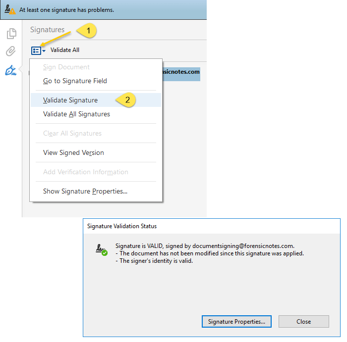 Re-validating the signature in the Adobe Signature Panel