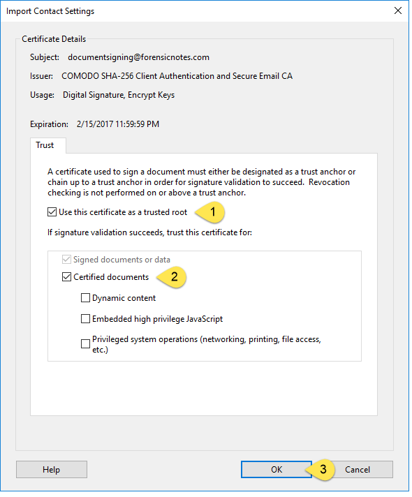 Adobe trust settings window with trusted root and certified documents selected