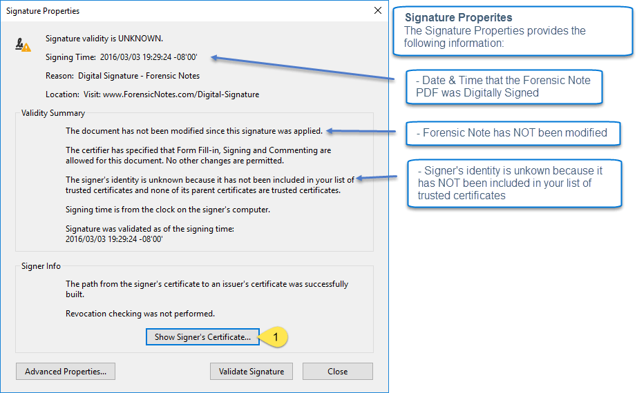 Adobe Signature Properties window with Show Signer's Certificate button