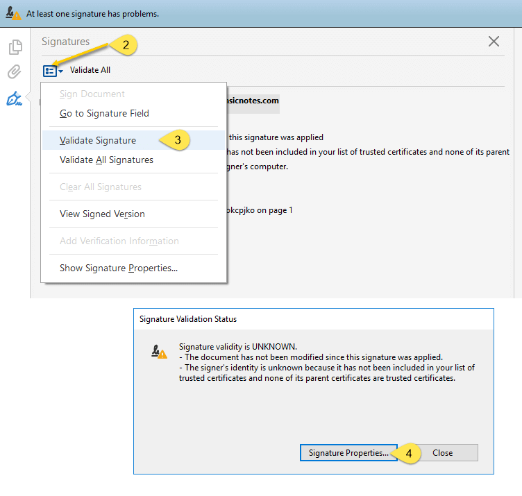 Adobe Signature Panel showing the Validate Signature option