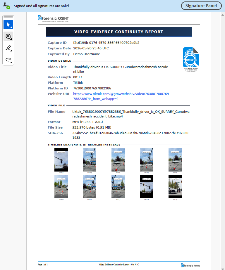 Forensic OSINT Video Evidence Continuity Report showing capture metadata, SHA-256 hash, and timeline snapshots