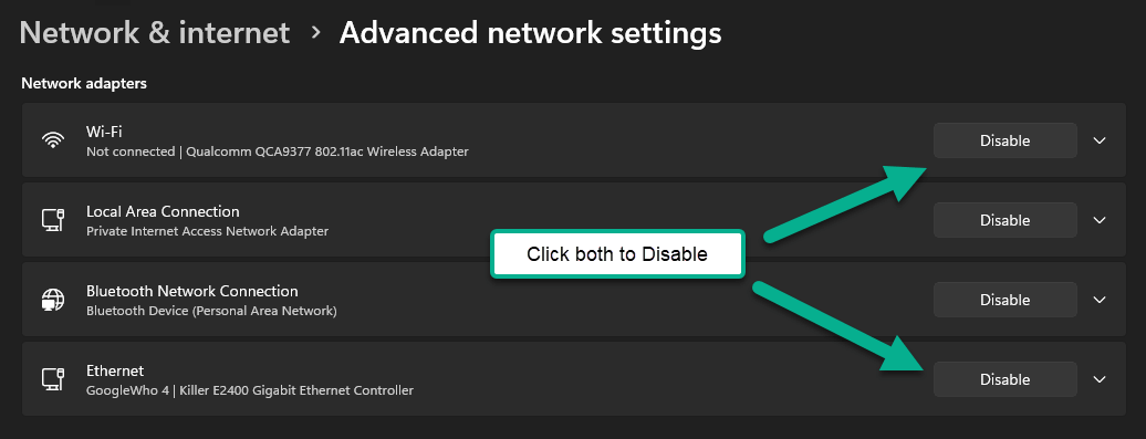Network & Internet Advanced Network Settings