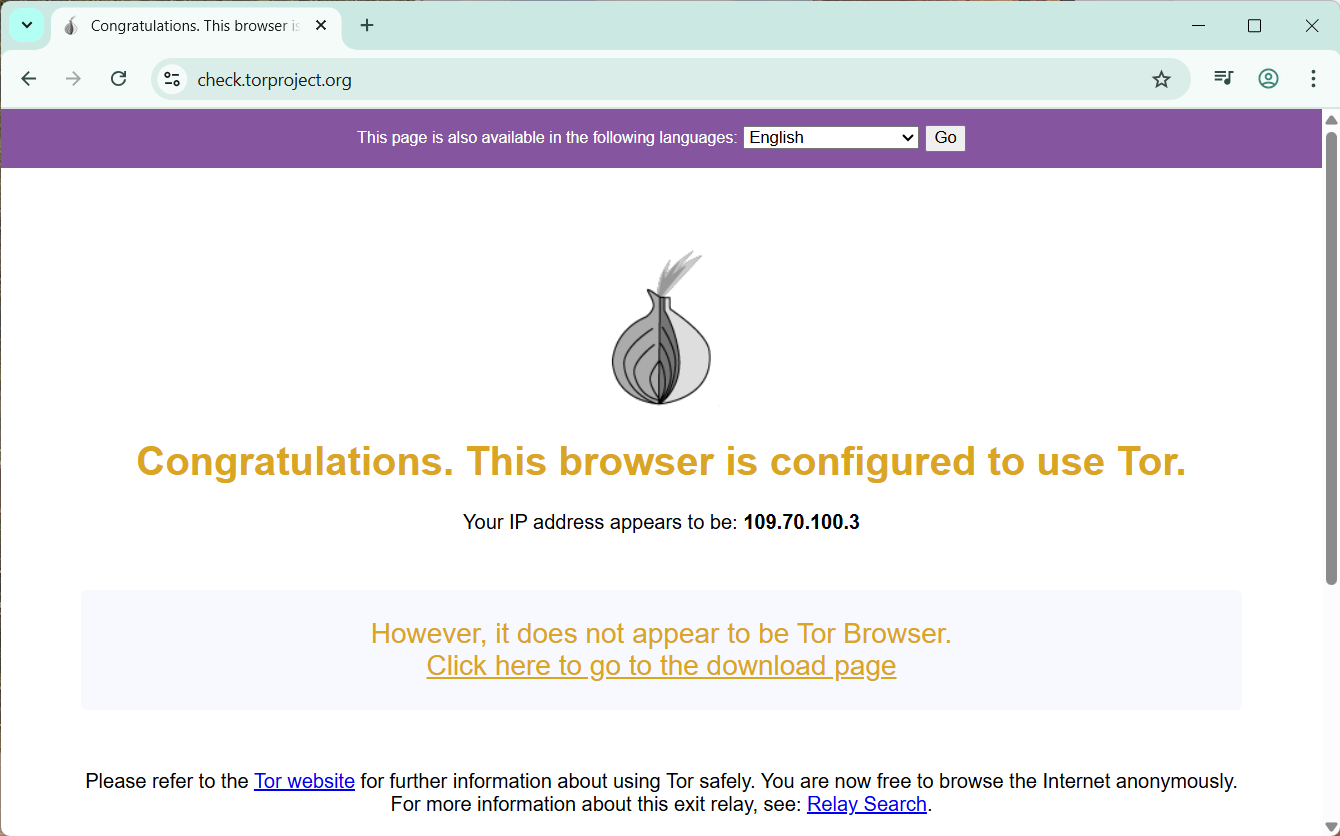 Click to view larger image Chrome window showing the check.torproject.org 'Congratulations' message — caption: 'You are using Tor!'