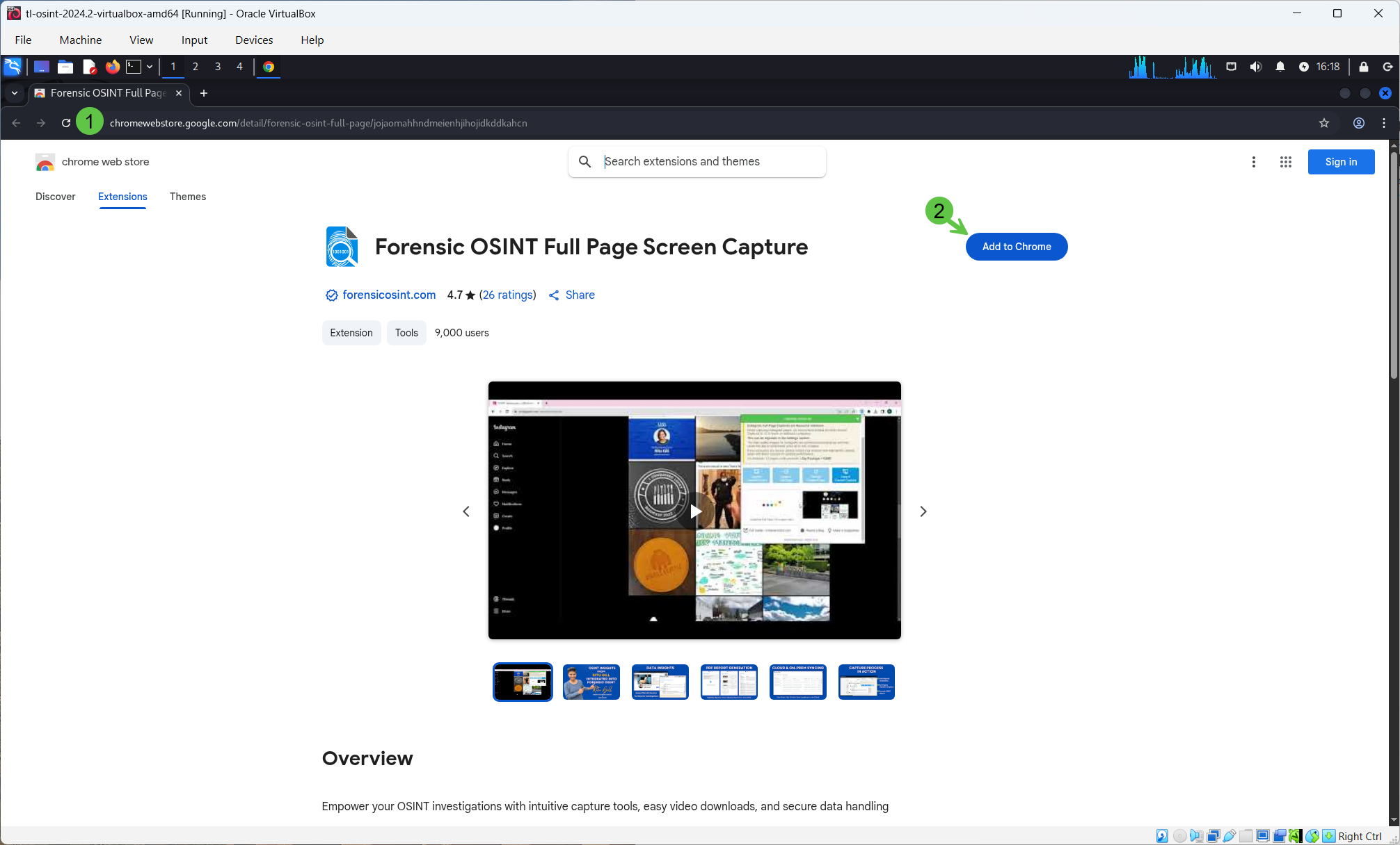 Click to view larger image Forensic OSINT extension page in the Chrome Web Store with the 'Add to Chrome' button highlighted.
