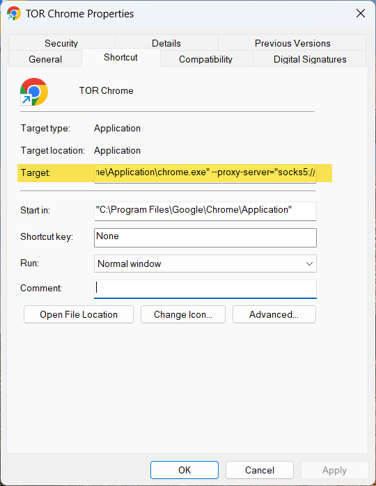 Click to view larger image Windows Chrome shortcut Properties → Target field showing the flags appended.