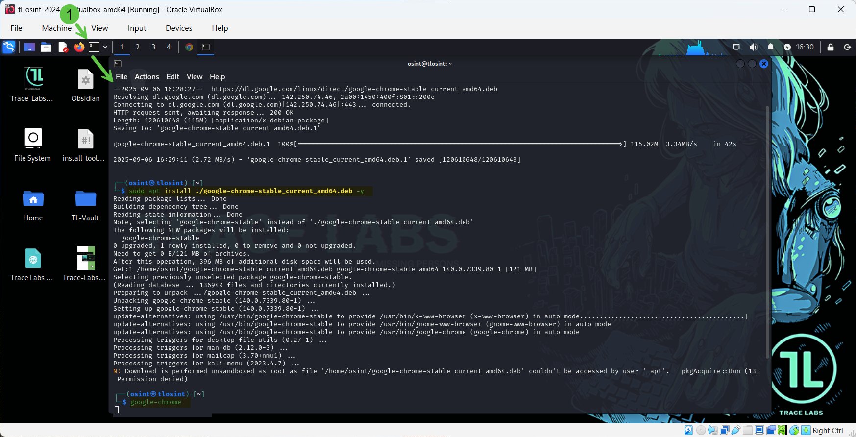 Click to view larger image Trace Labs VM terminal showing the wget command to download Google Chrome.