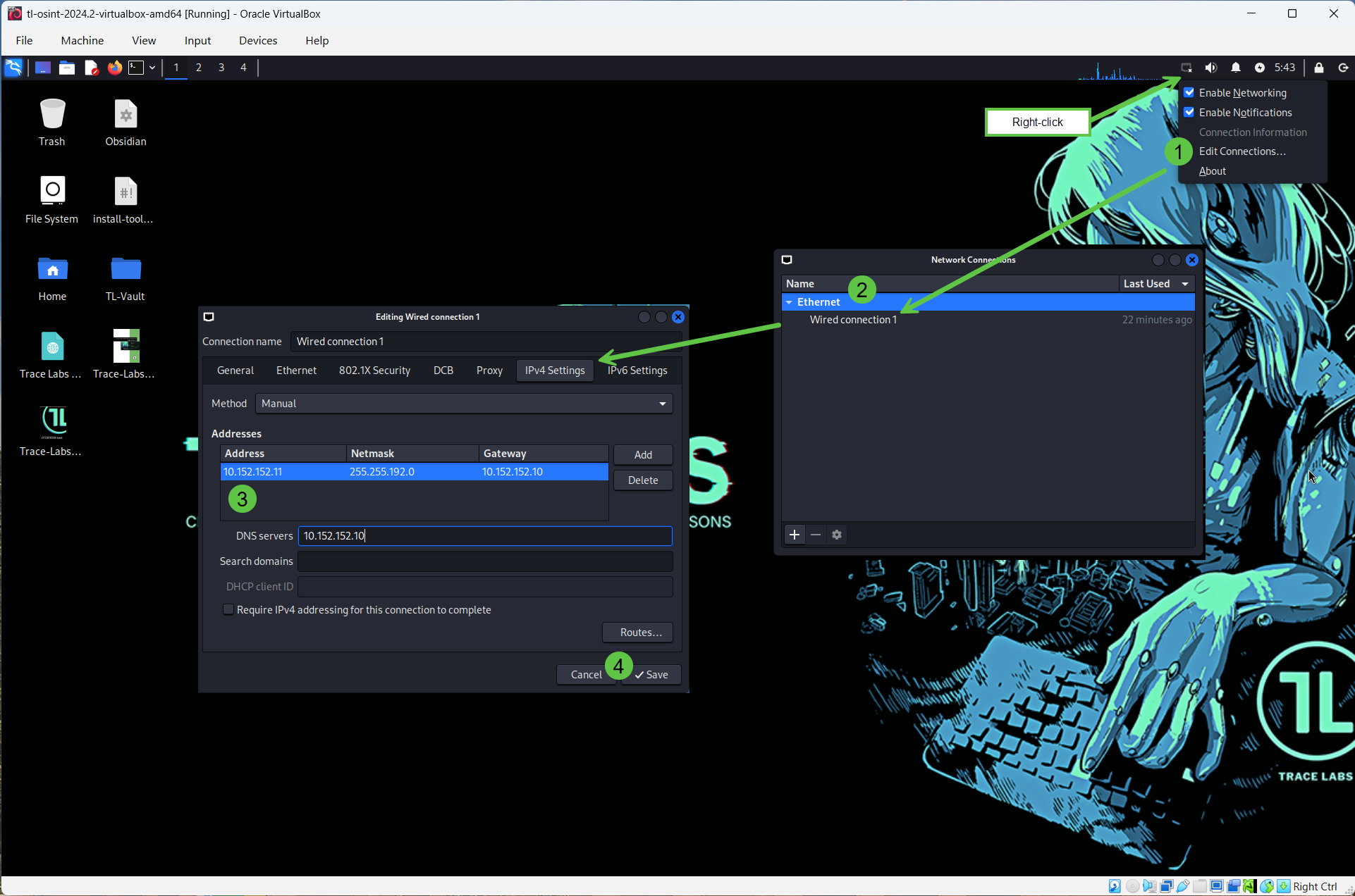 Click to view larger image Trace Labs VM Network settings showing Adapter 1 = Internal Network (Name: Whonix).