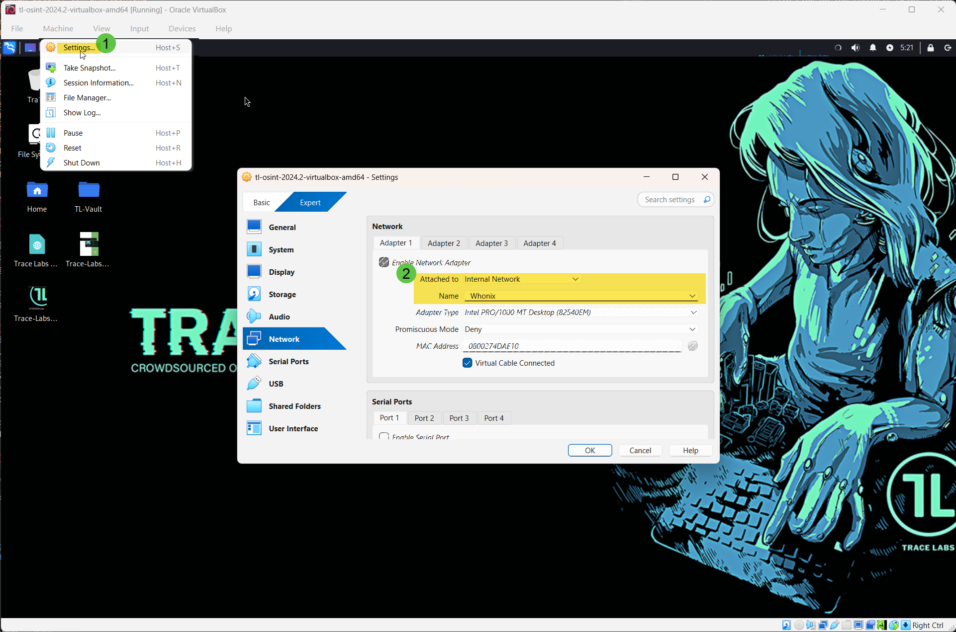 Click to view larger image Trace Labs VM Network settings showing Adapter 1 = Internal Network (Name: Whonix).