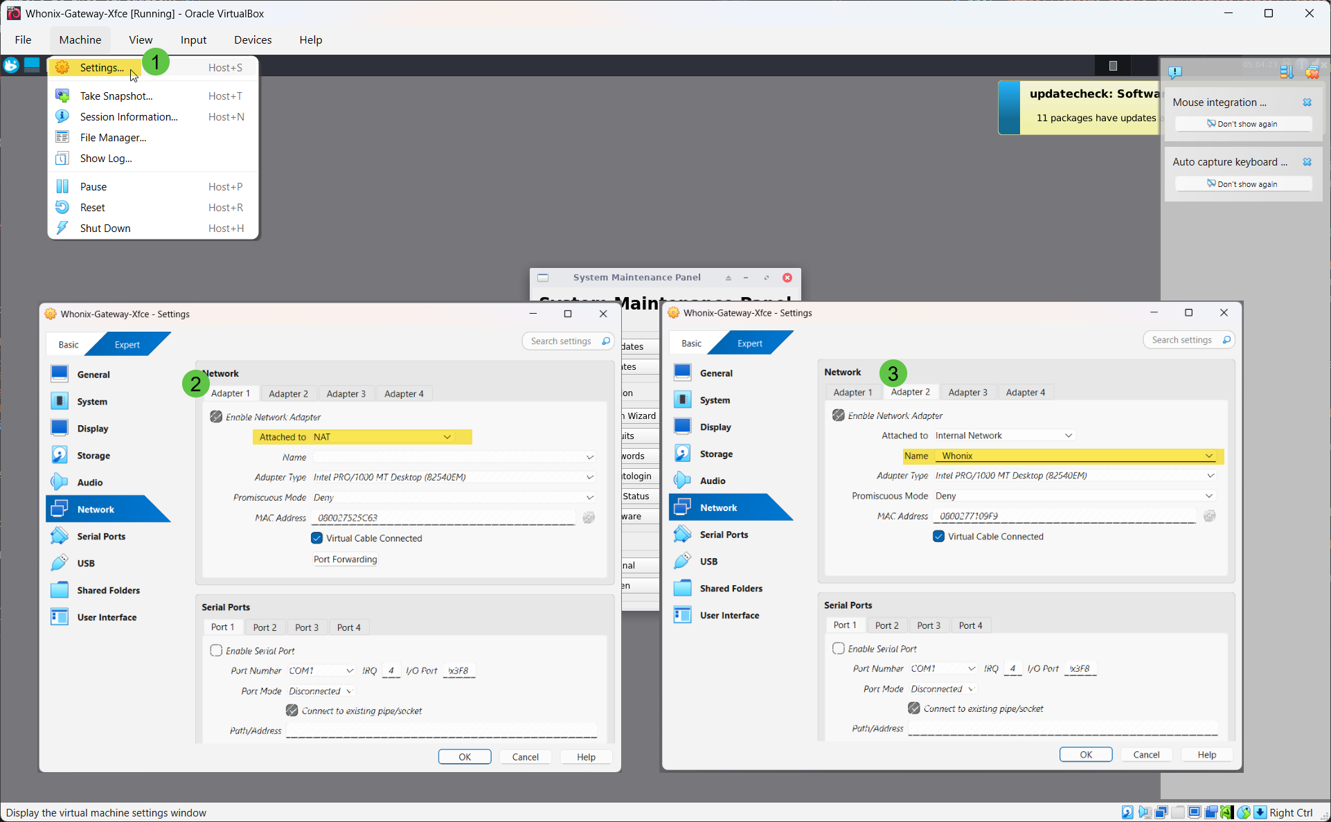 Click to view larger image Whonix Gateway Network settings showing Adapter 1 = NAT and Adapter 2 = Internal Network (Name: Whonix).