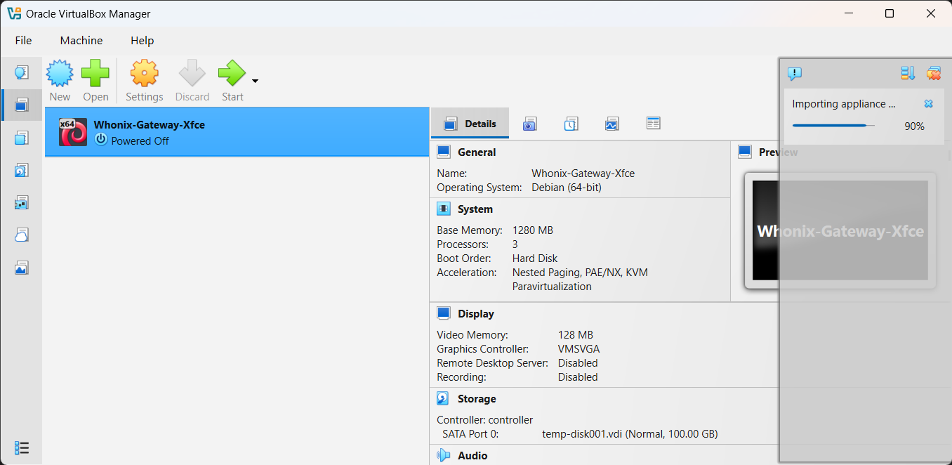 Click to view larger image VirtualBox Import dialog for Whonix Gateway OVA file — caption: 'Import the Whonix Gateway OVA into VirtualBox.'