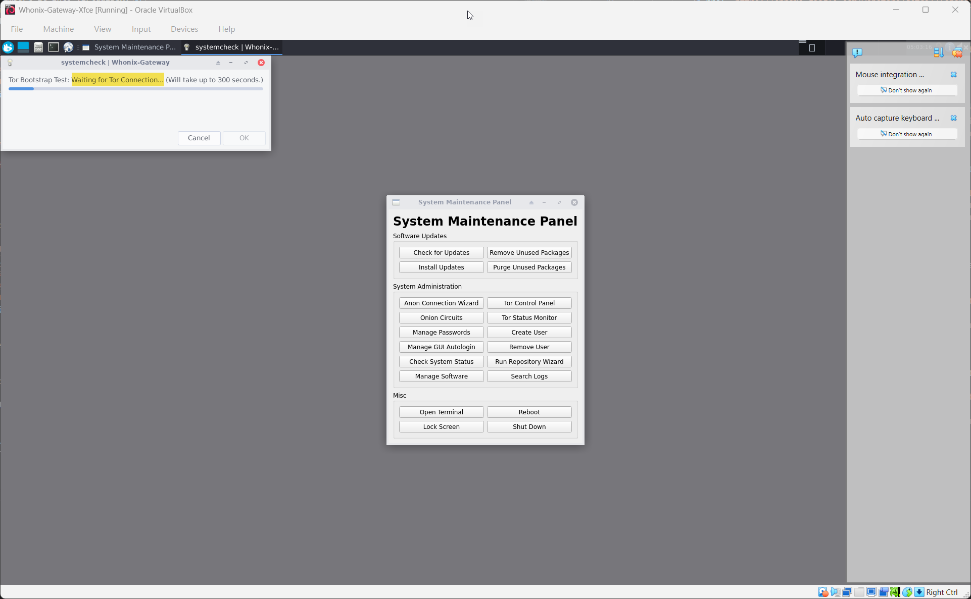 Click to view larger image Whonix Gateway main window showing Tor connection in progress — caption: 'Wait for Tor to fully connect before starting your Investigation VM.'