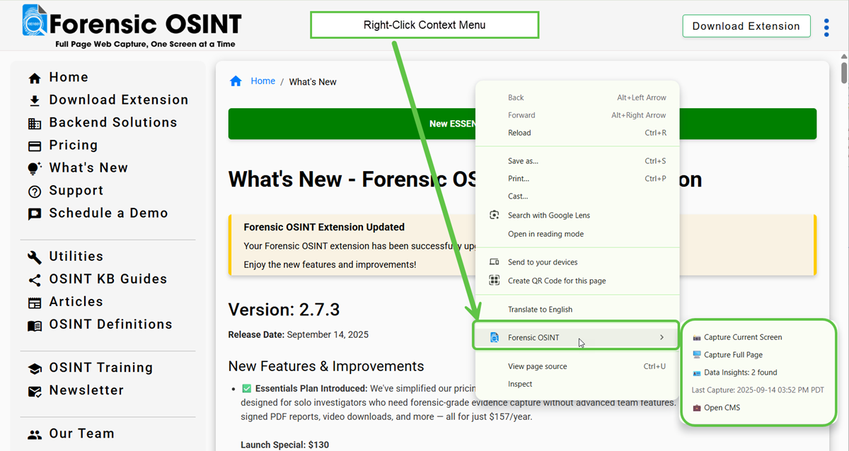 Right-Click Context Menu in Forensic OSINT