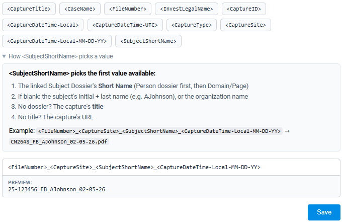 Forensic OSINT custom file naming builder showing filename tokens, an example, and a live preview