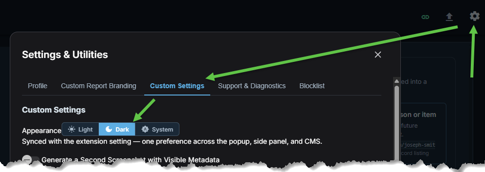 Click to view larger image. Settings and Utilities, Custom Settings, with Appearance set to Dark. The note says one preference stays in sync across the popup, side panel, and CMS.