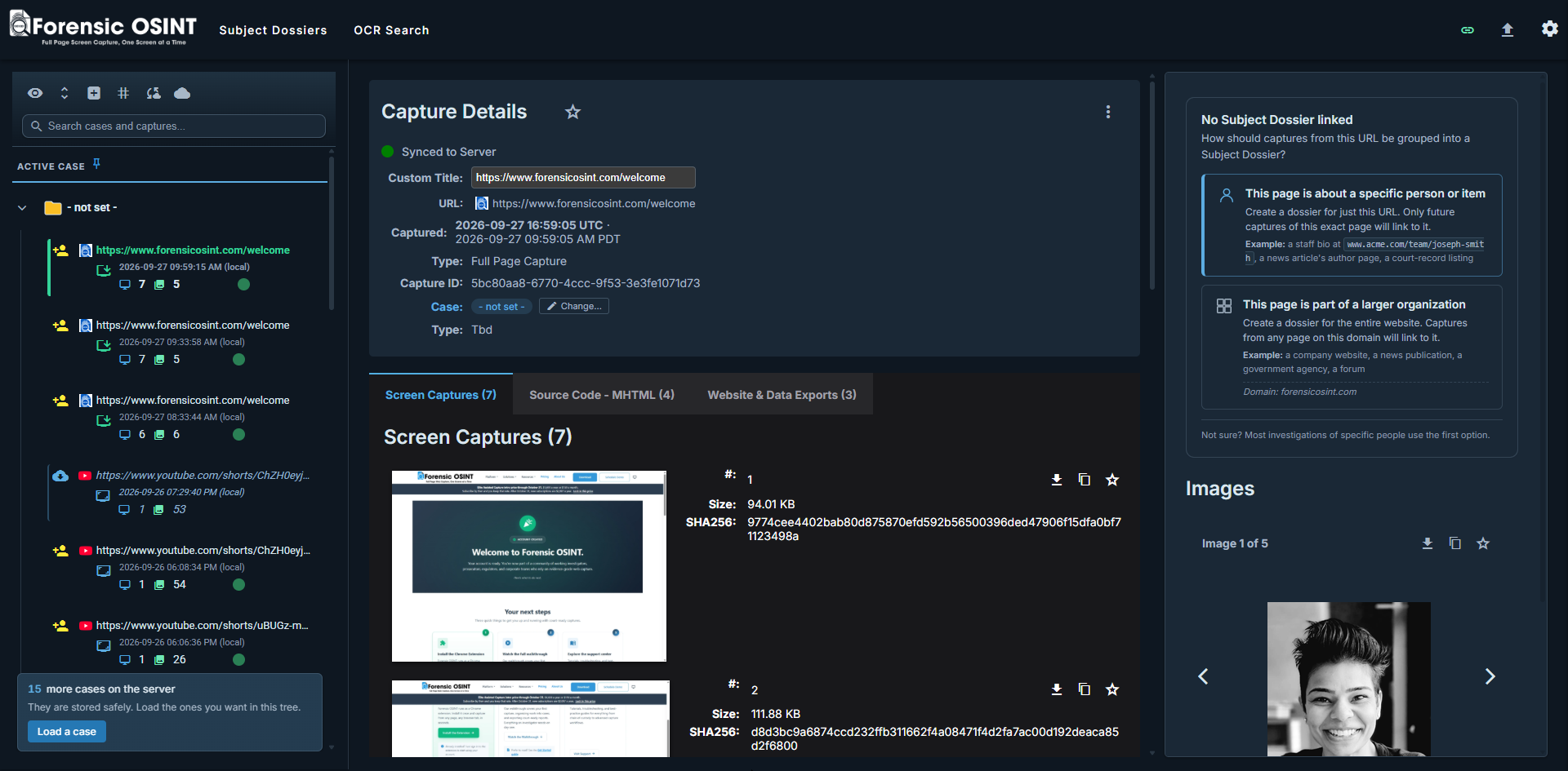 Click to view larger image. Forensic OSINT Case Management System in dark theme, showing the case tree, capture details, screen captures with SHA256 hashes, and the Subject Dossier panel
