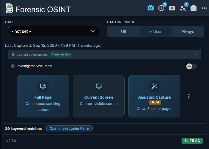 Click to view larger image. Forensic OSINT extension popup in dark theme, version 3.7.0, with capture mode set to User and 39 keyword matches