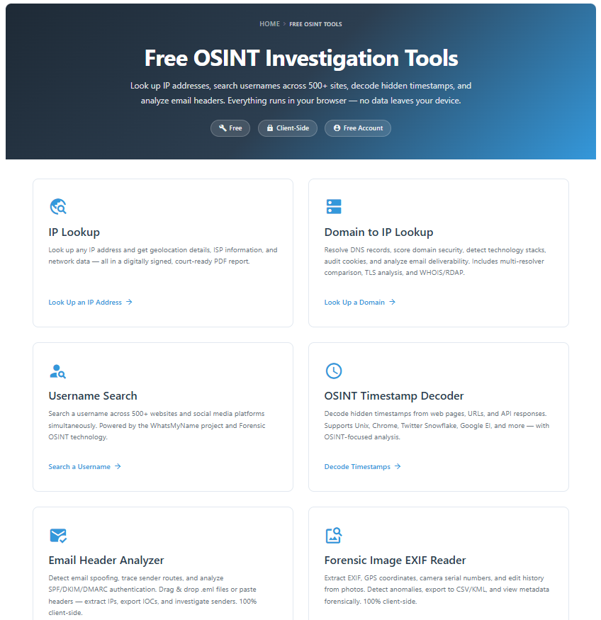 Click to view larger image. Free OSINT Investigation Tools suite in Forensic OSINT