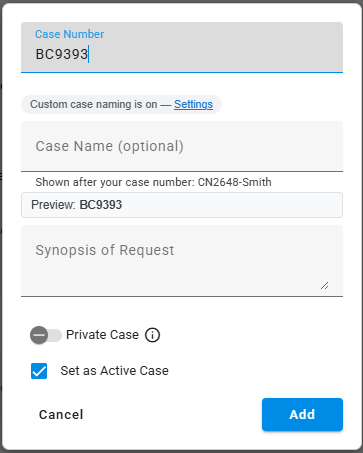 Forensic OSINT new case dialog with custom case naming turned on, showing a free-form Case Number and optional Case Name