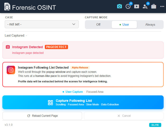 Click to view larger image. Instagram Following List detected and ready for capture in Forensic OSINT