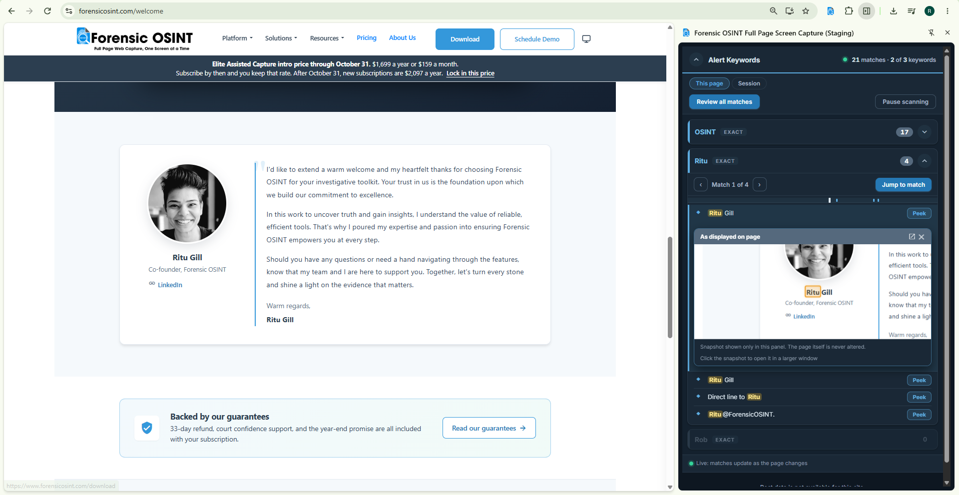 Click to view larger image. Keyword Alerts side panel open beside a web page, listing exact matches for two keywords with a peek snapshot of how one match appears on the page
