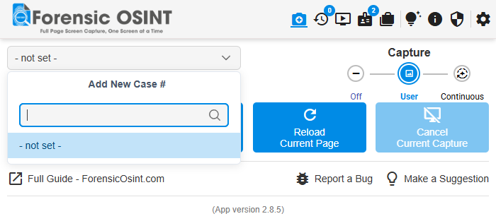 Click to view larger image. New Case Selector in Forensic OSINT