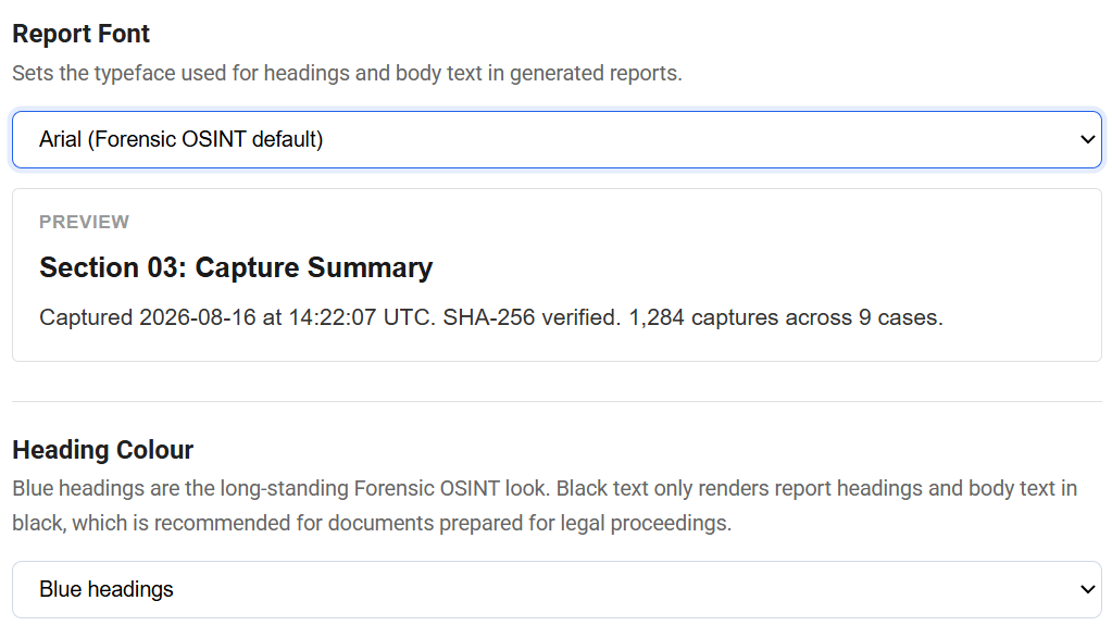 Click to view larger image. Custom Report Branding settings showing Report Font set to Arial and Heading Colour set to Blue headings, with a live preview of a Capture Summary section