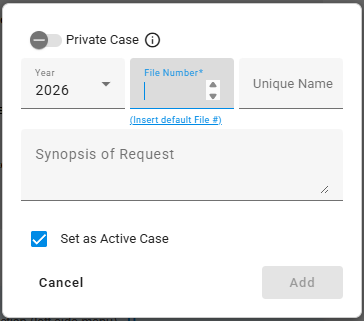 Forensic OSINT standard new case dialog with Year, File Number, and Unique Name fields