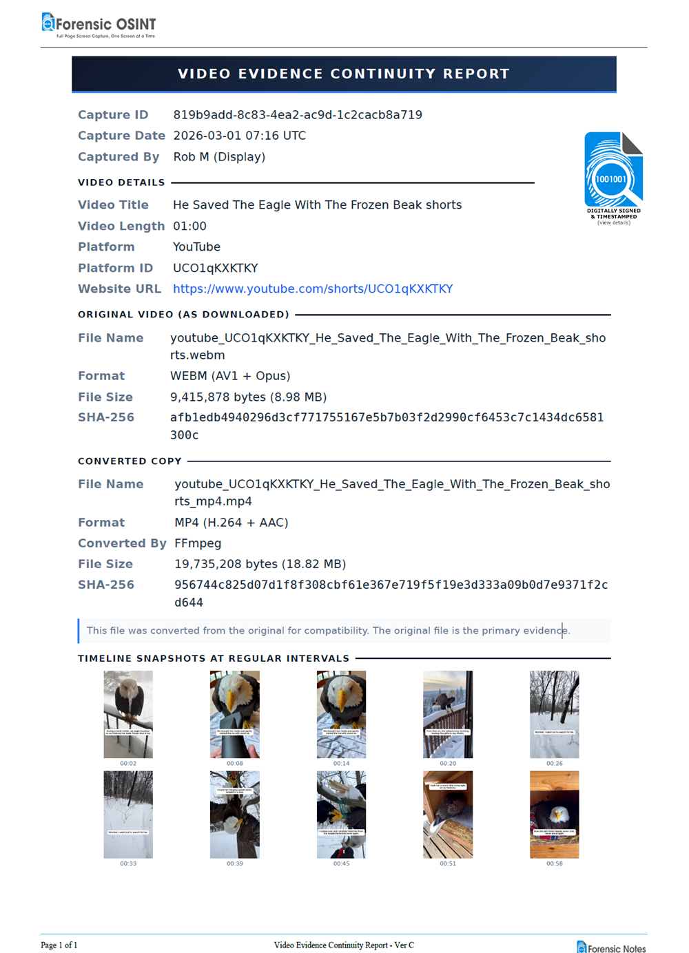 Click to view larger image. Redesigned Video Evidence Continuity Report with SHA-256 hashing