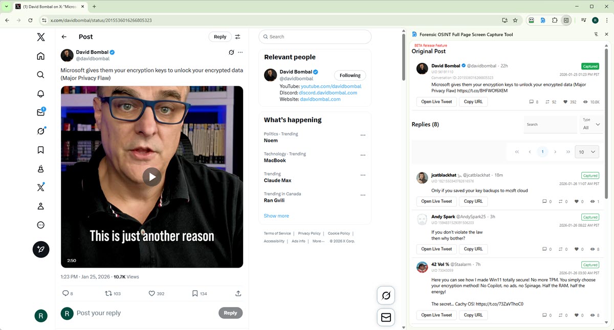 Click to view larger image. Investigator Side Panel showing X post with replies, capture status, and search controls